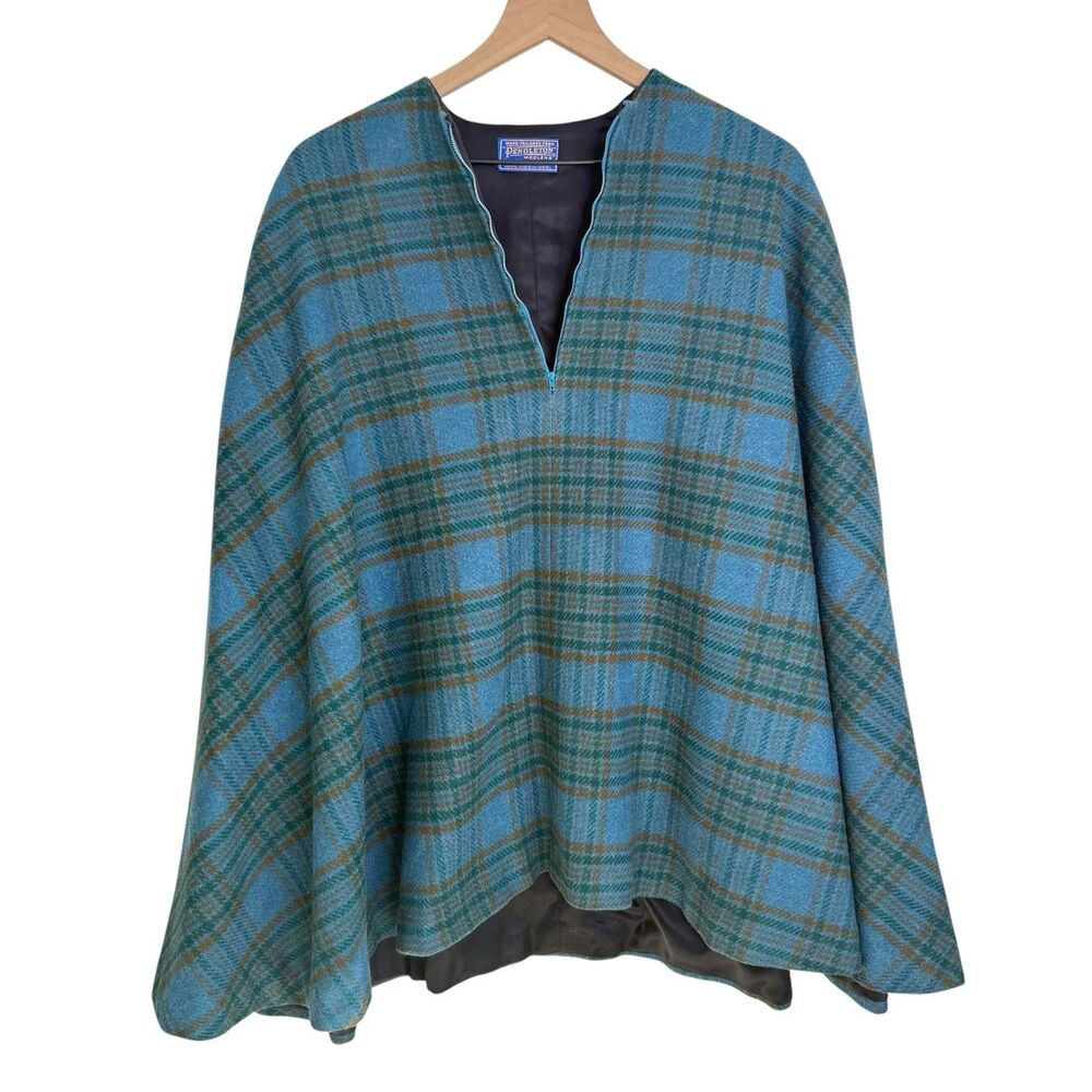 Pendleton Woolens 100% Virgin Wool Blue Green Tartan Plaid Cape Coat Vintage OS